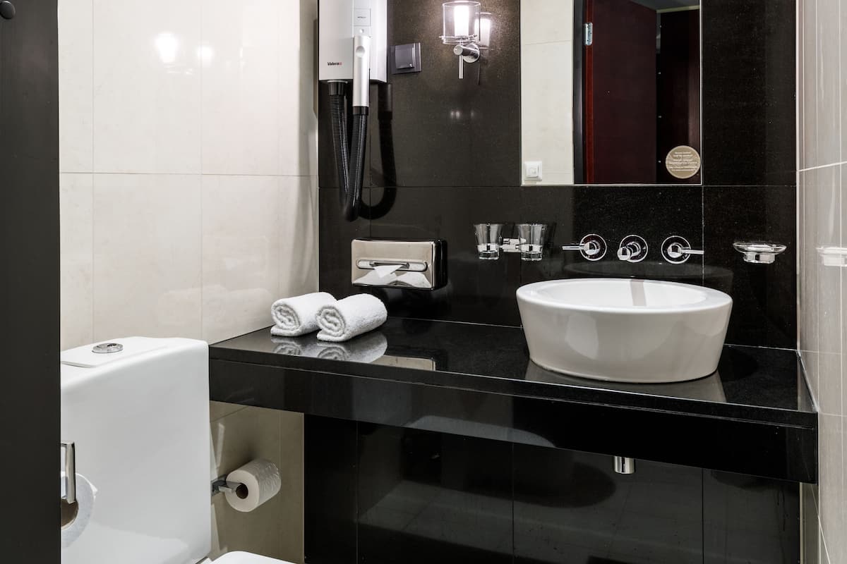 free toiletries, hair dryer, towels