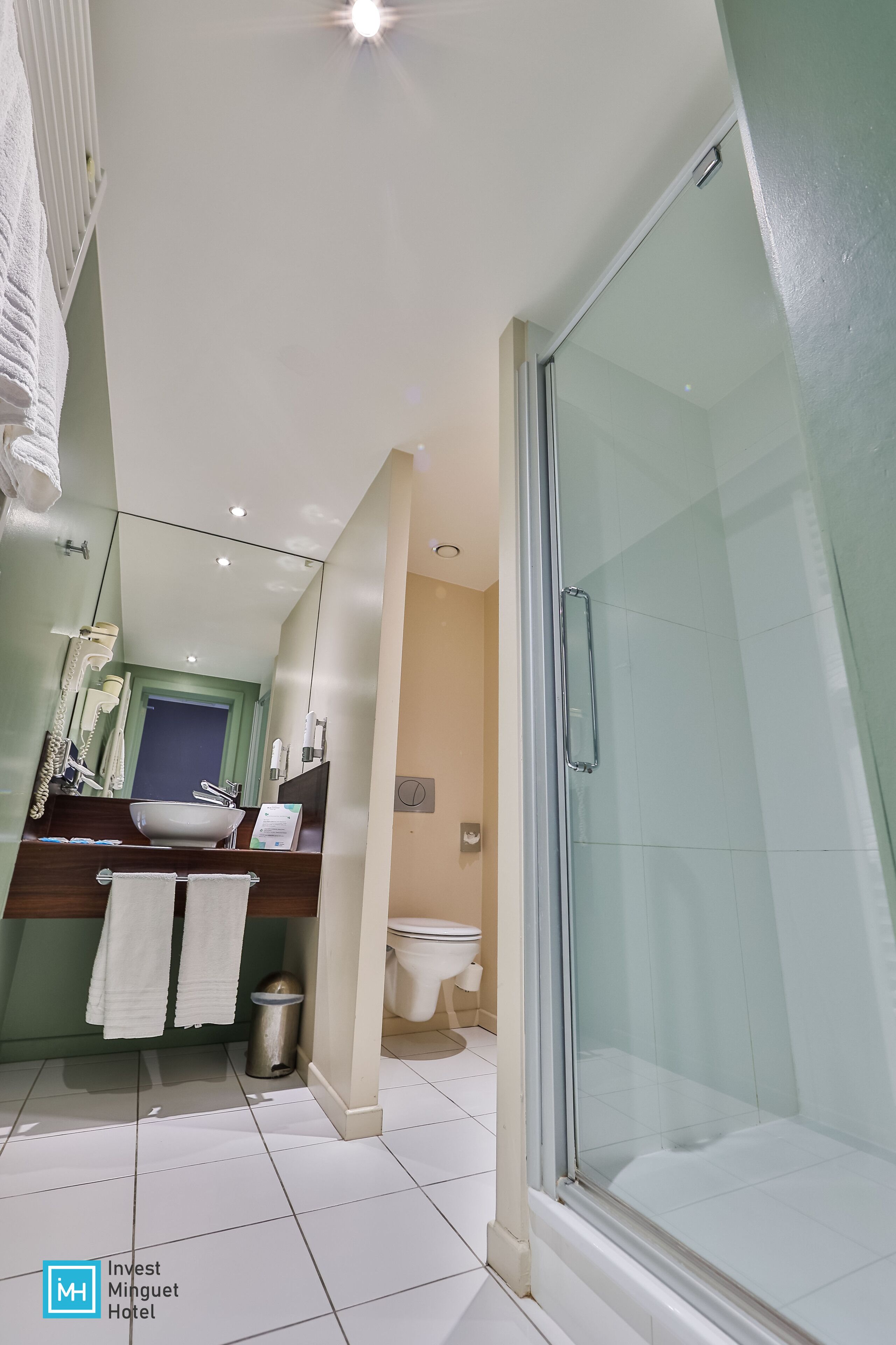 A modern bathroom with a glass-enclosed shower, a sink with a mirror above, and a toilet visible in the background.