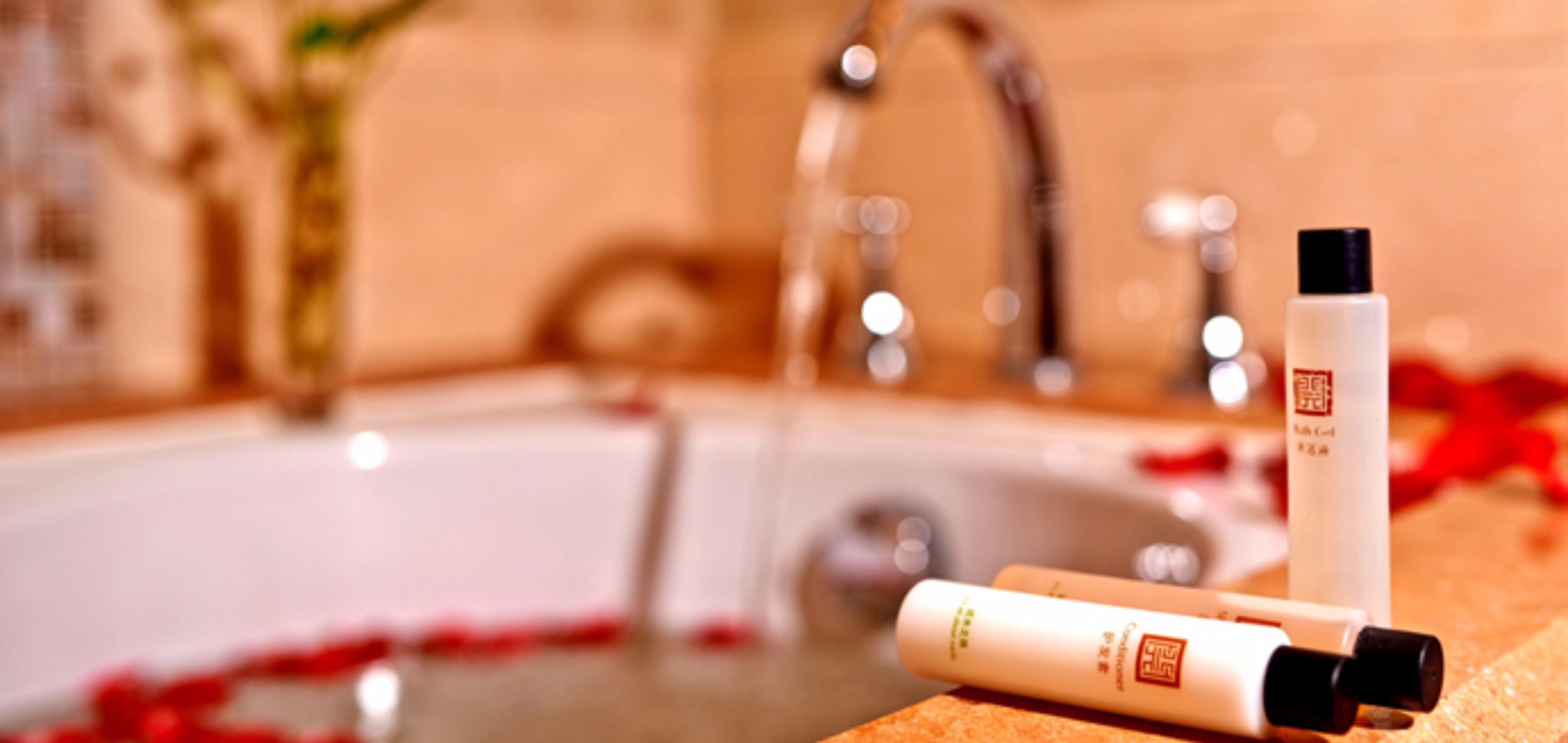 deep-soaking bathtub, designer toiletries, hair dryer, dressing gowns