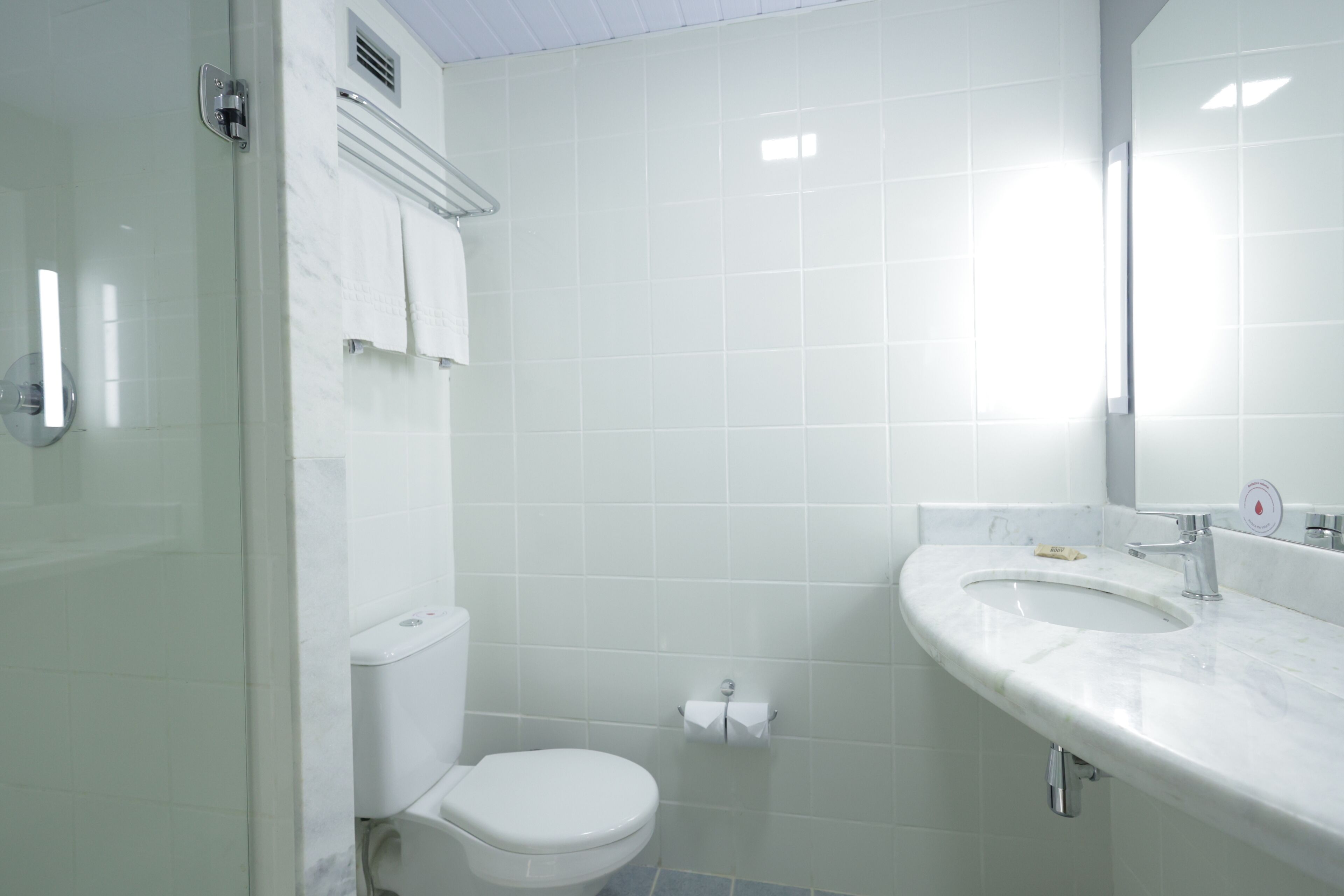 A bathroom with a toilet, sink, and mirror.