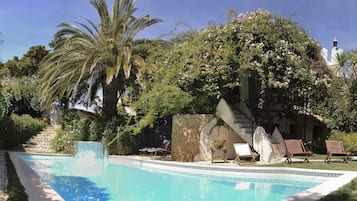 Outdoor pool, pool umbrellas, pool loungers