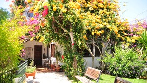 A garden with a bench, potted plants, and a building with a door and windows. - Uma Casa à Beira Sol (Lagos)