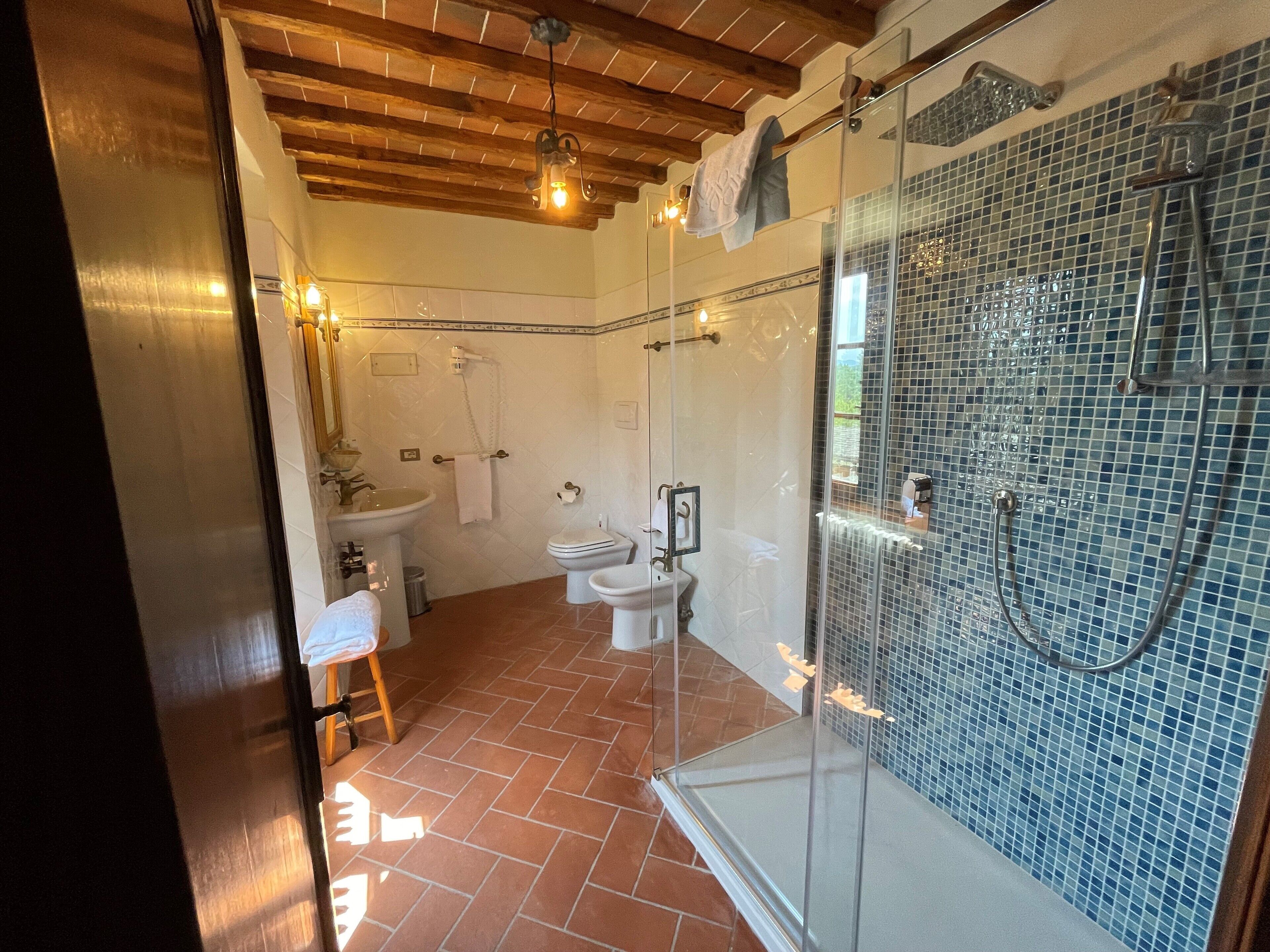 Ein Badezimmer mit Duschkabine, Waschbecken und Toilette.