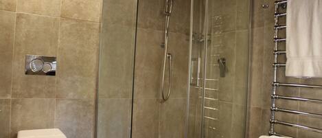 A modern bathroom with a glass-enclosed shower, a toilet, and a towel rack.