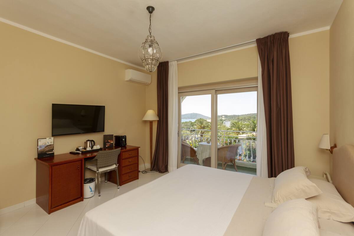 A hotel room with a bed, a desk, a chair, a television, and a balcony with a view of the landscape.