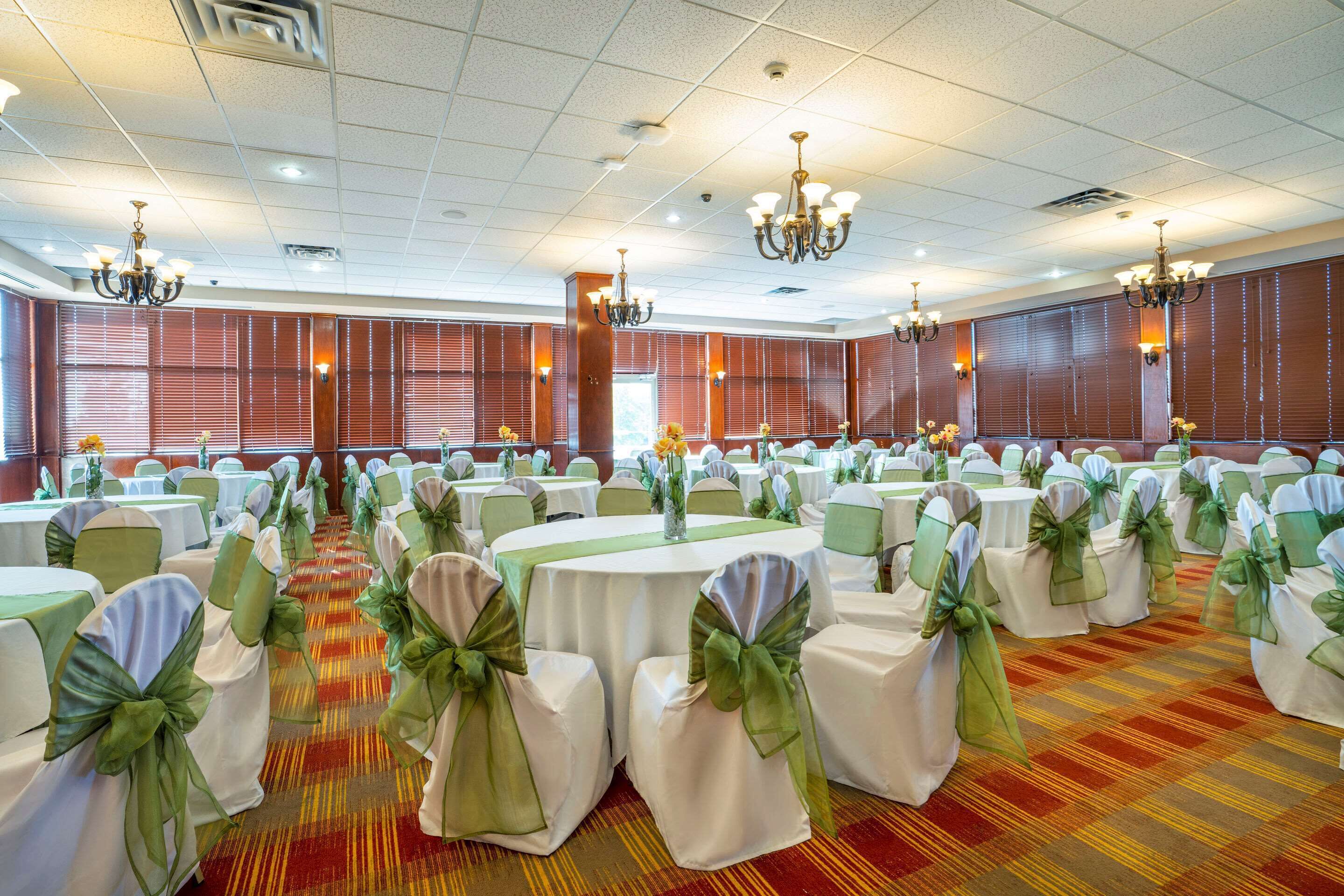 Une salle de banquet avec des tables rondes, des rubans verts sur les chaises et des lustres.