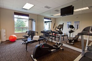 A gym with exercise equipment, a large mirror, and windows with a view of trees.
