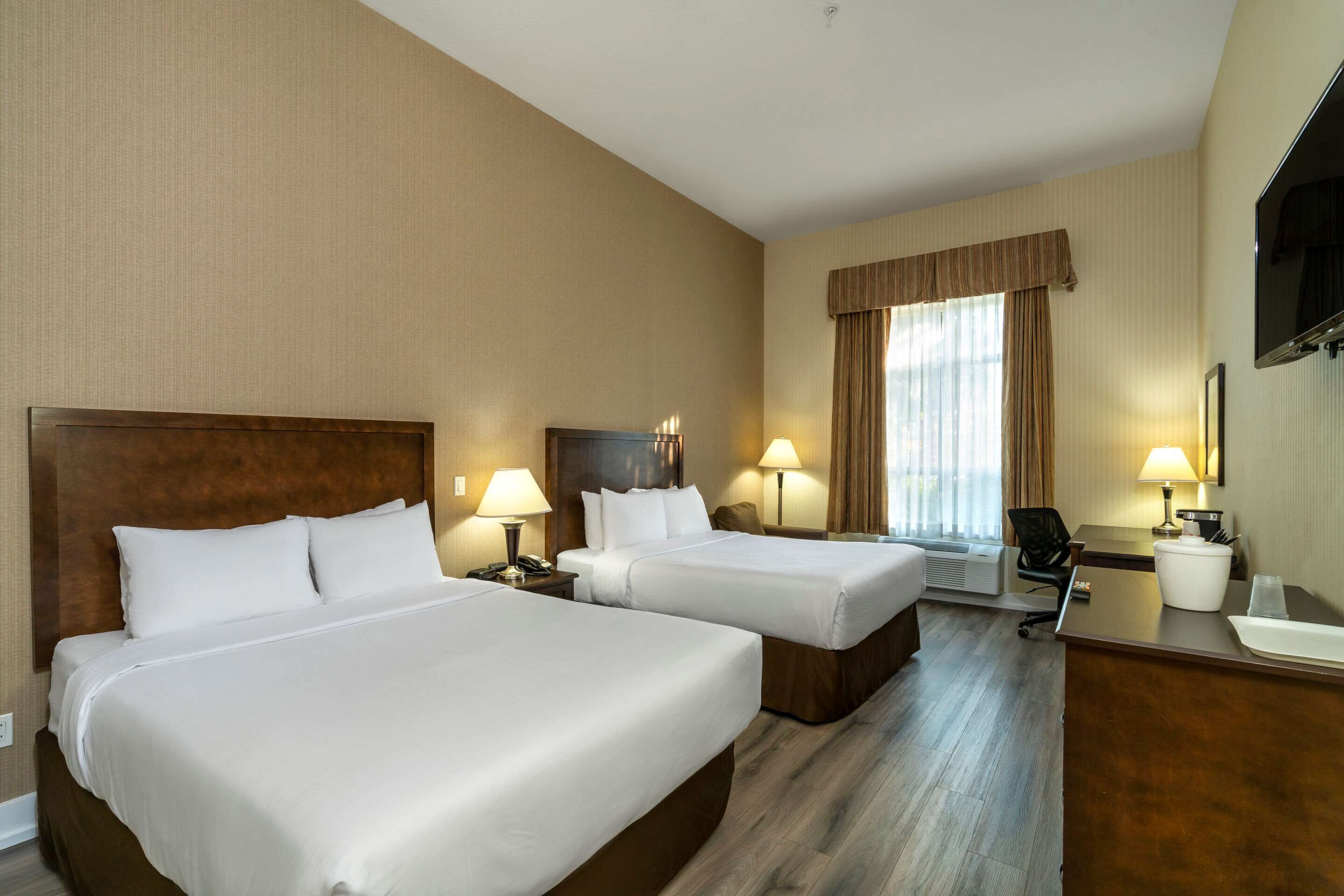 premium bedding, pillow-top beds, desk, laptop workspace