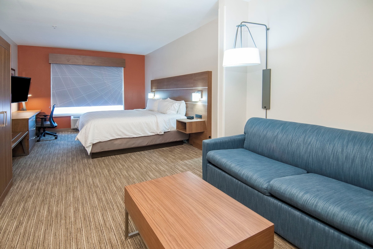 Una habitación de hotel con una cama, un sofá, un escritorio con una silla, un televisor y una lámpara.