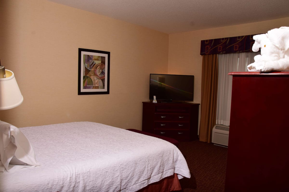 A hotel room with a bed, a television on a dresser, a framed picture on the wall, and a window with curtains.