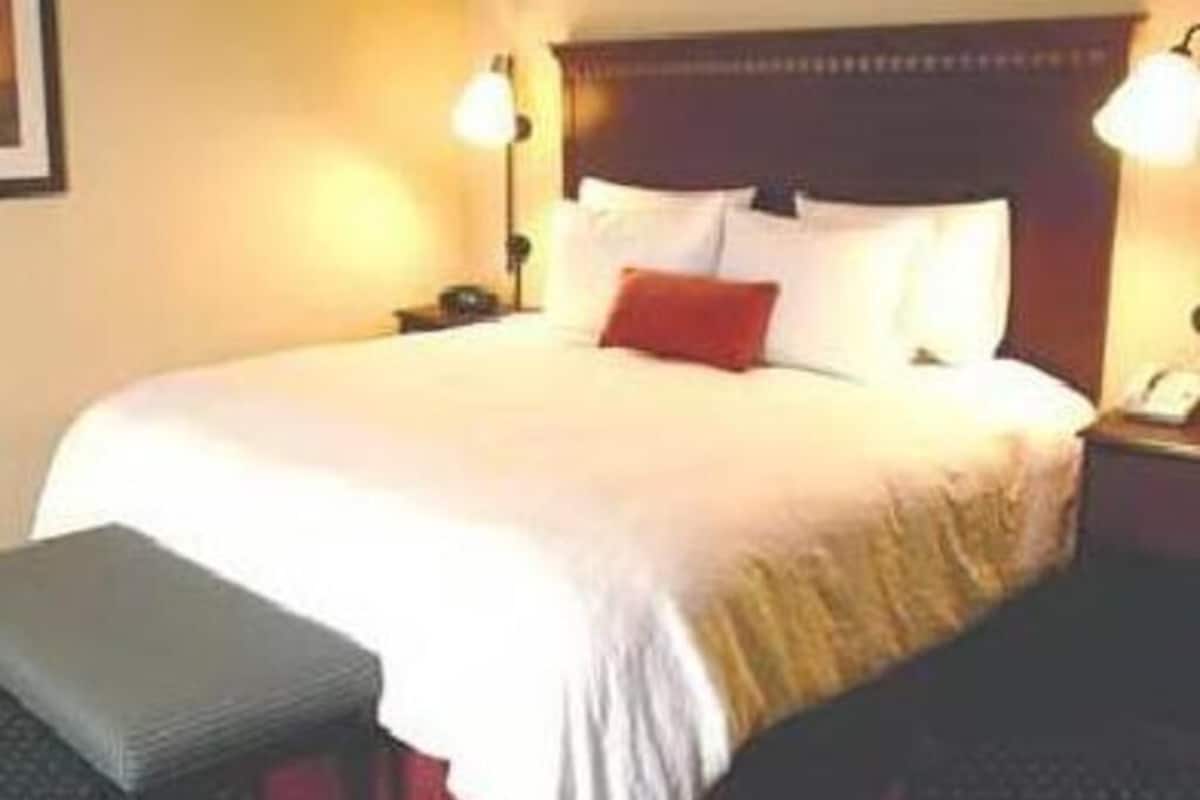 A hotel room with a large bed, a nightstand, and two bedside lamps.