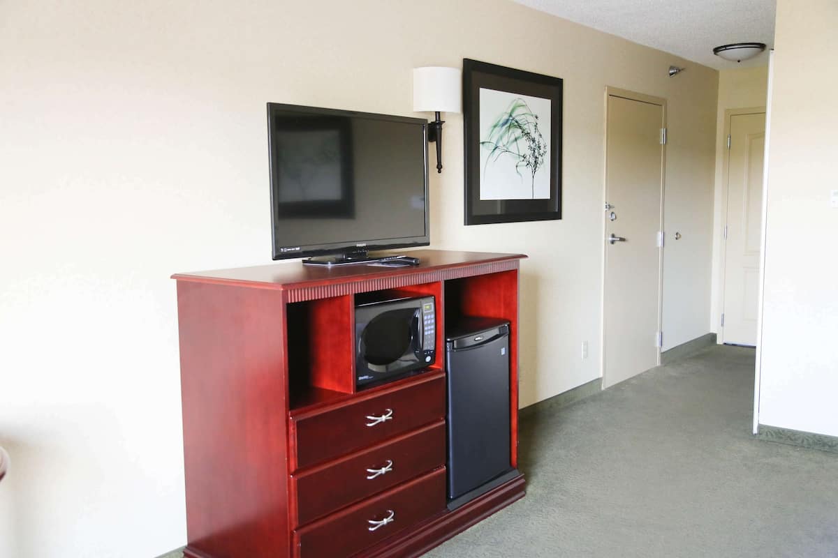 A compact room with a flat-screen TV on a wooden cabinet, a microwave, and a refrigerator.