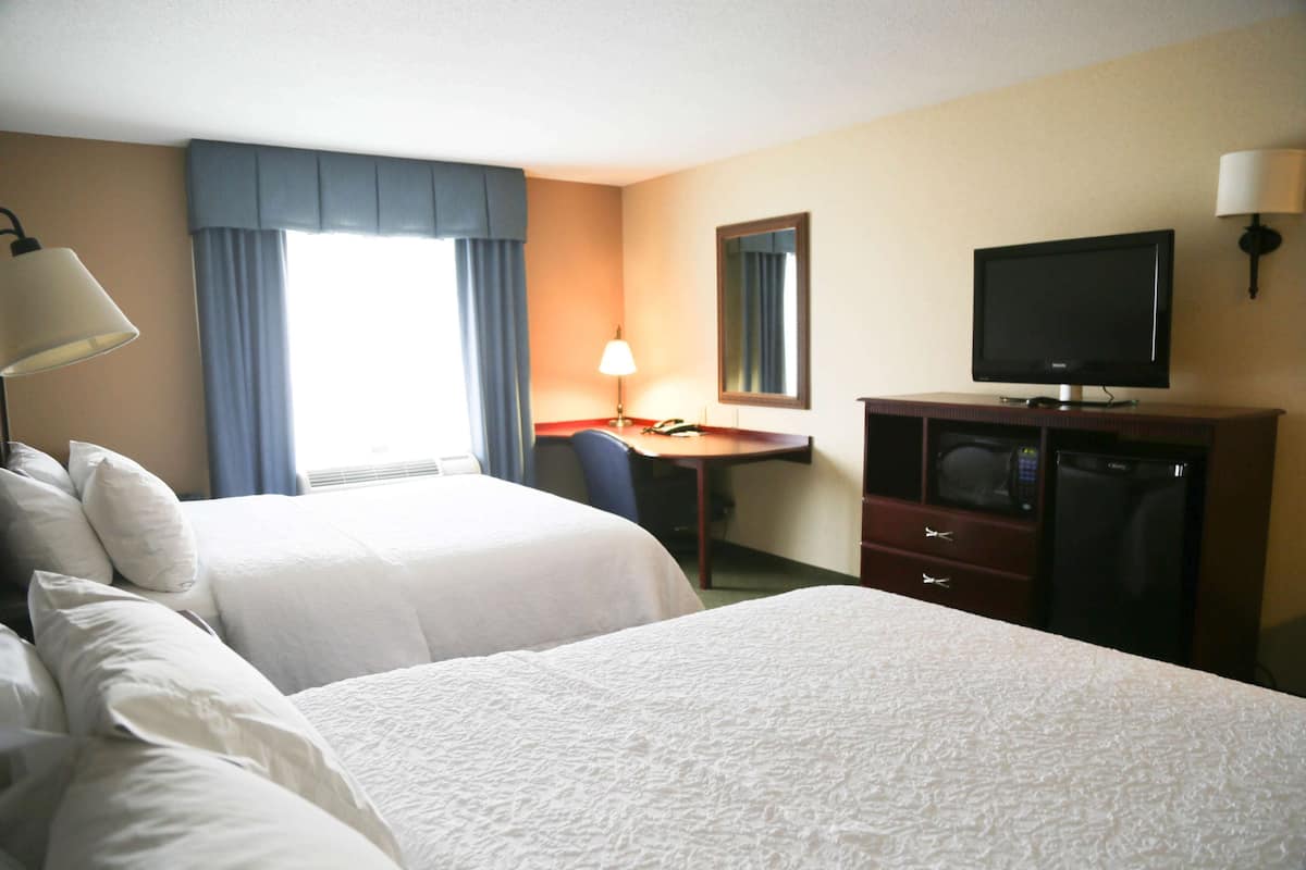 A hotel room with two beds, a desk with a chair, a television, and a microwave.