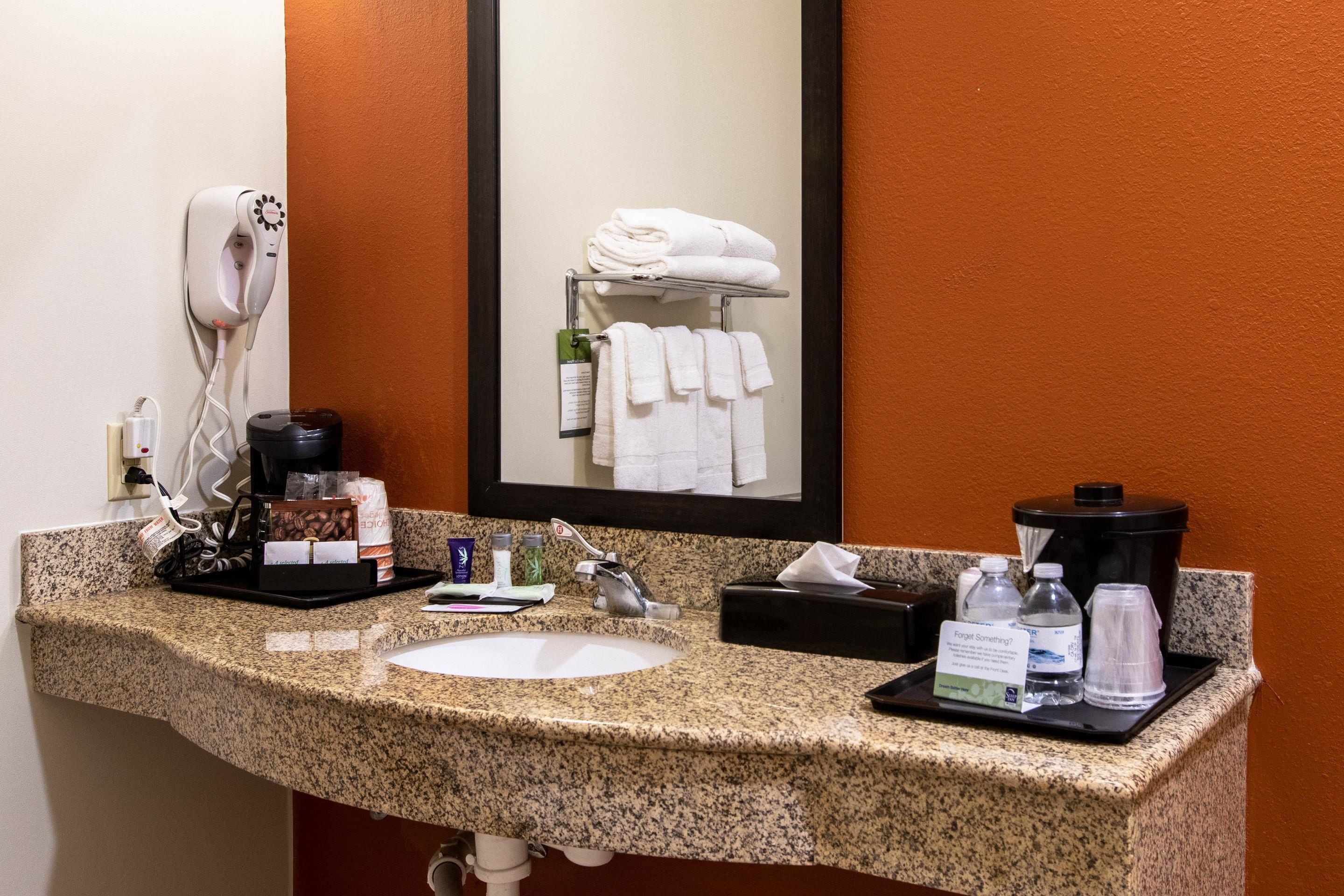 free toiletries, hair dryer, towels