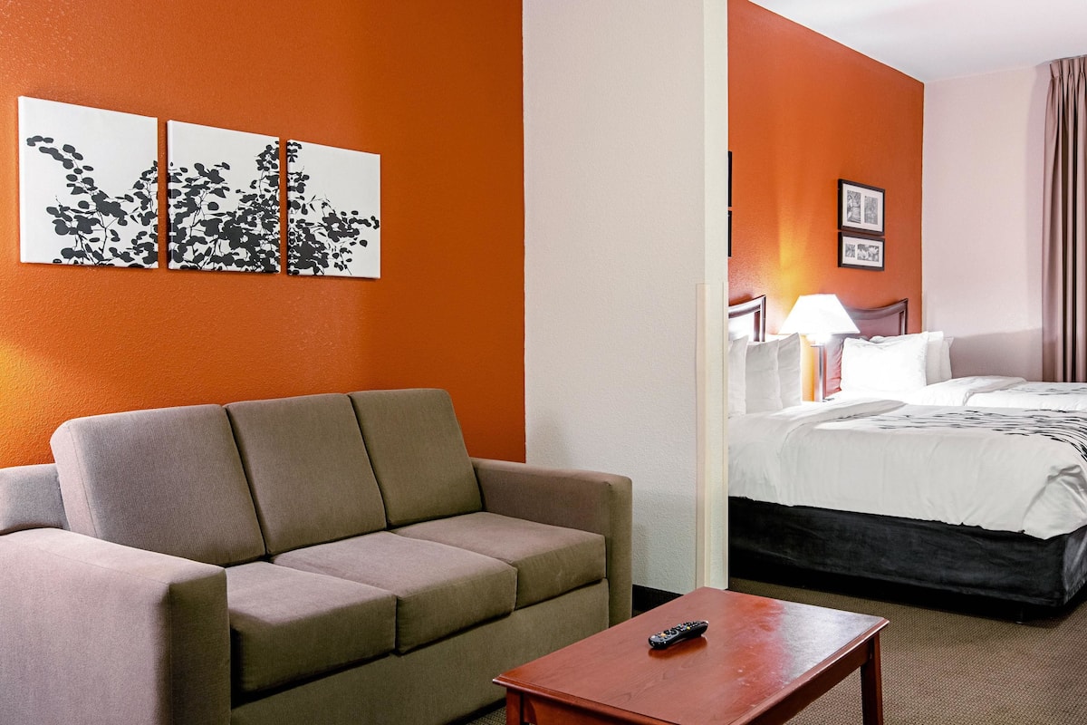 A hotel room with a sofa, a bed, a nightstand with a lamp, and artwork on the wall.