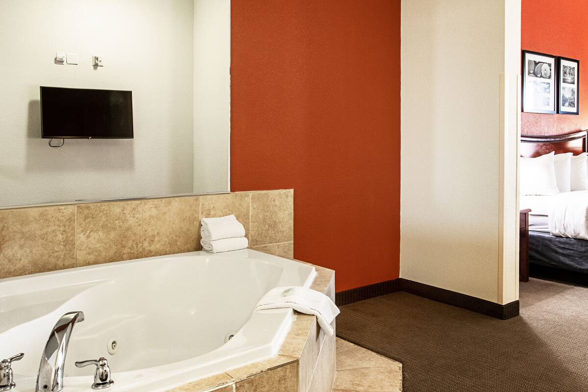 A hotel room with a large bathtub, a television mounted on the wall, and a bed with a headboard.