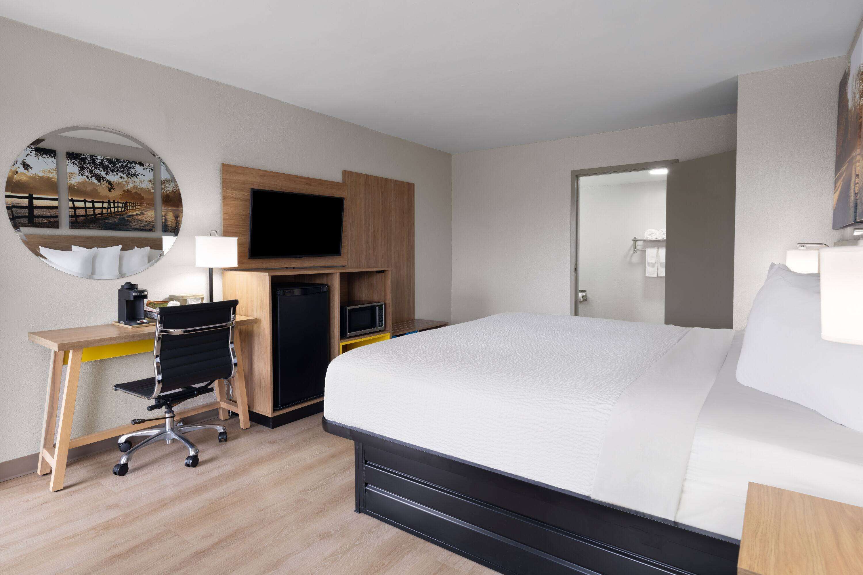 A hotel room with a bed, a desk with a chair, a television, and a mirror.