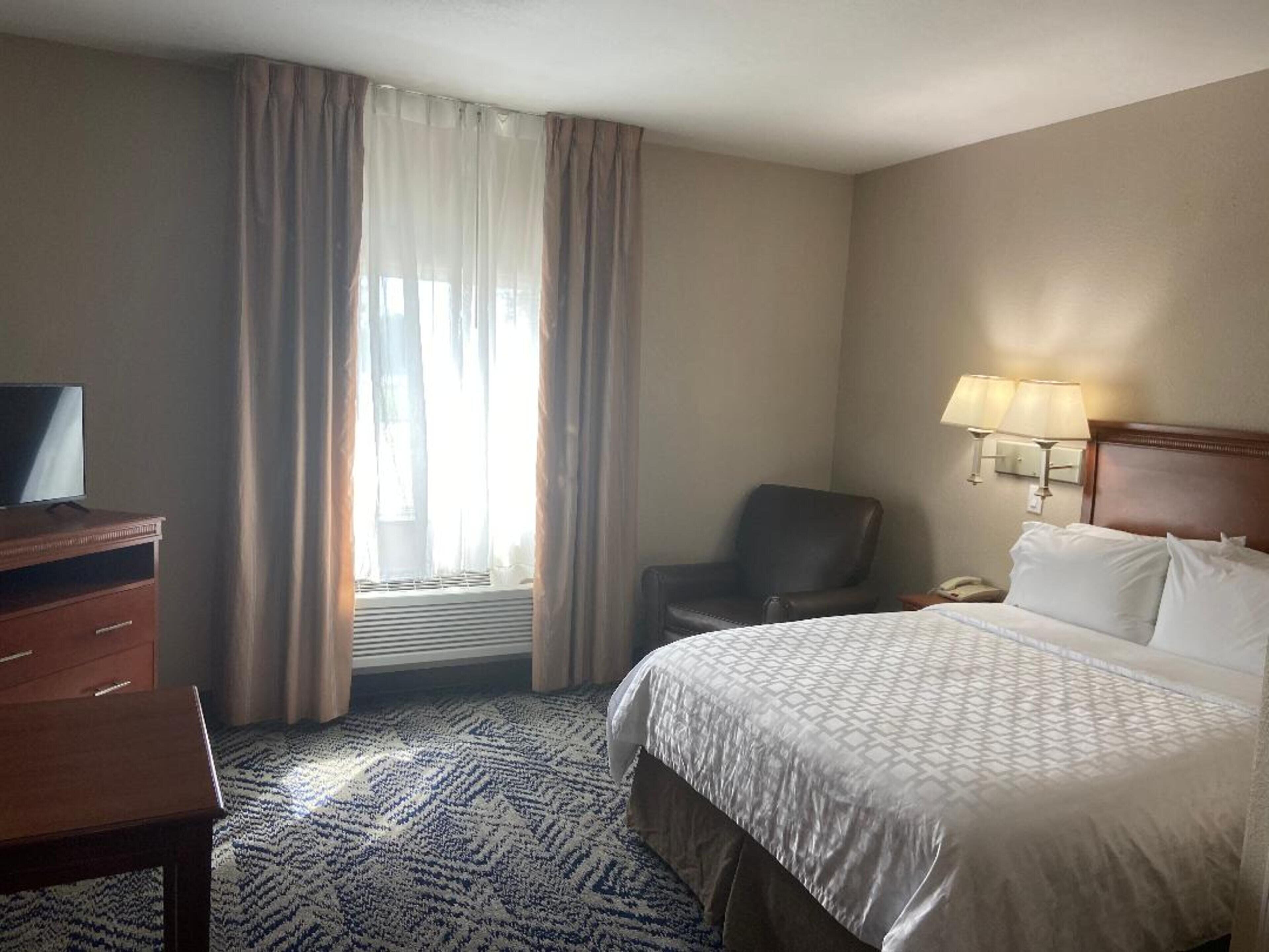 A hotel room with a bed, a desk, a chair, a TV, a window with curtains, and a lamp.