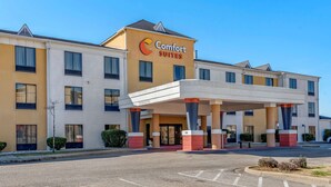 A Comfort Suites hotel with a modern design, featuring a prominent entrance and a covered parking area.