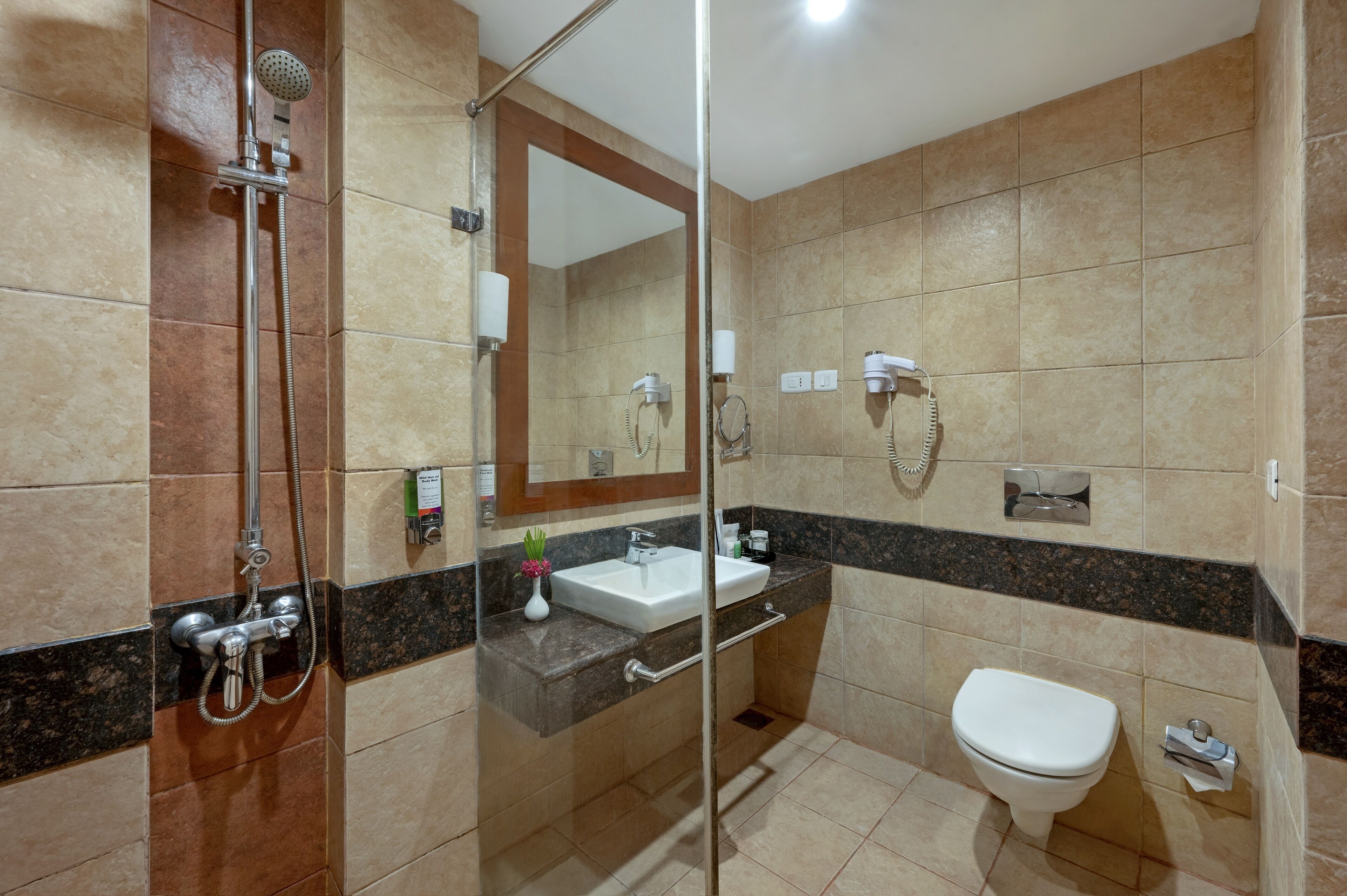A modern bathroom with a glass-enclosed shower, a sink with a marble countertop, and a toilet.