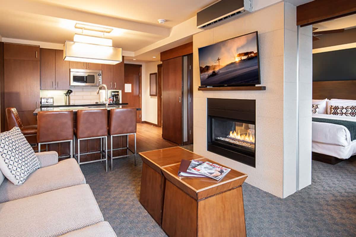 Televisión de pantalla plana, chimenea, reproductor de DVD