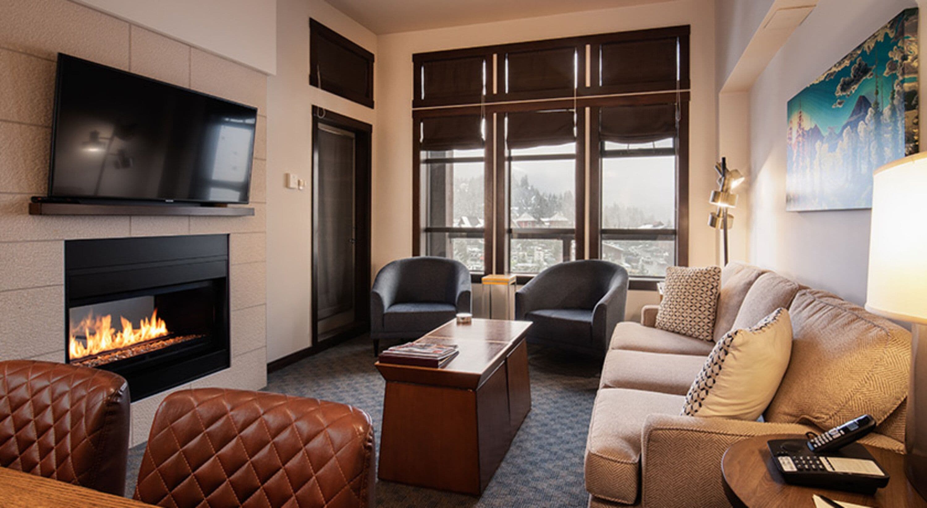 Room, 2 Bedrooms | Living area | Flat-screen TV, fireplace, DVD player, heated floors