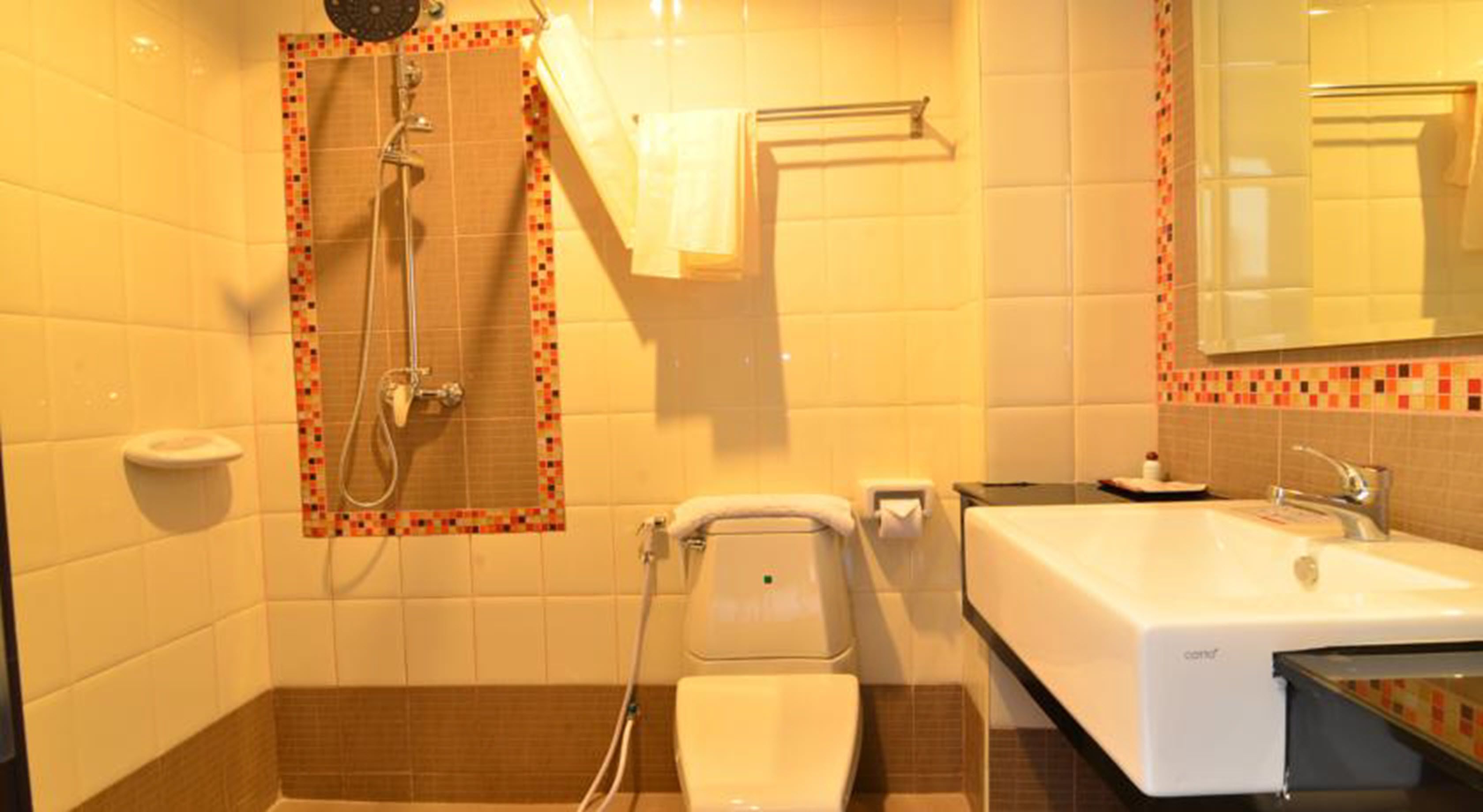 A bathroom with a shower, toilet, sink, and a mirror.