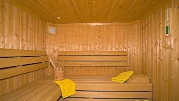 A wooden sauna with benches and benches.