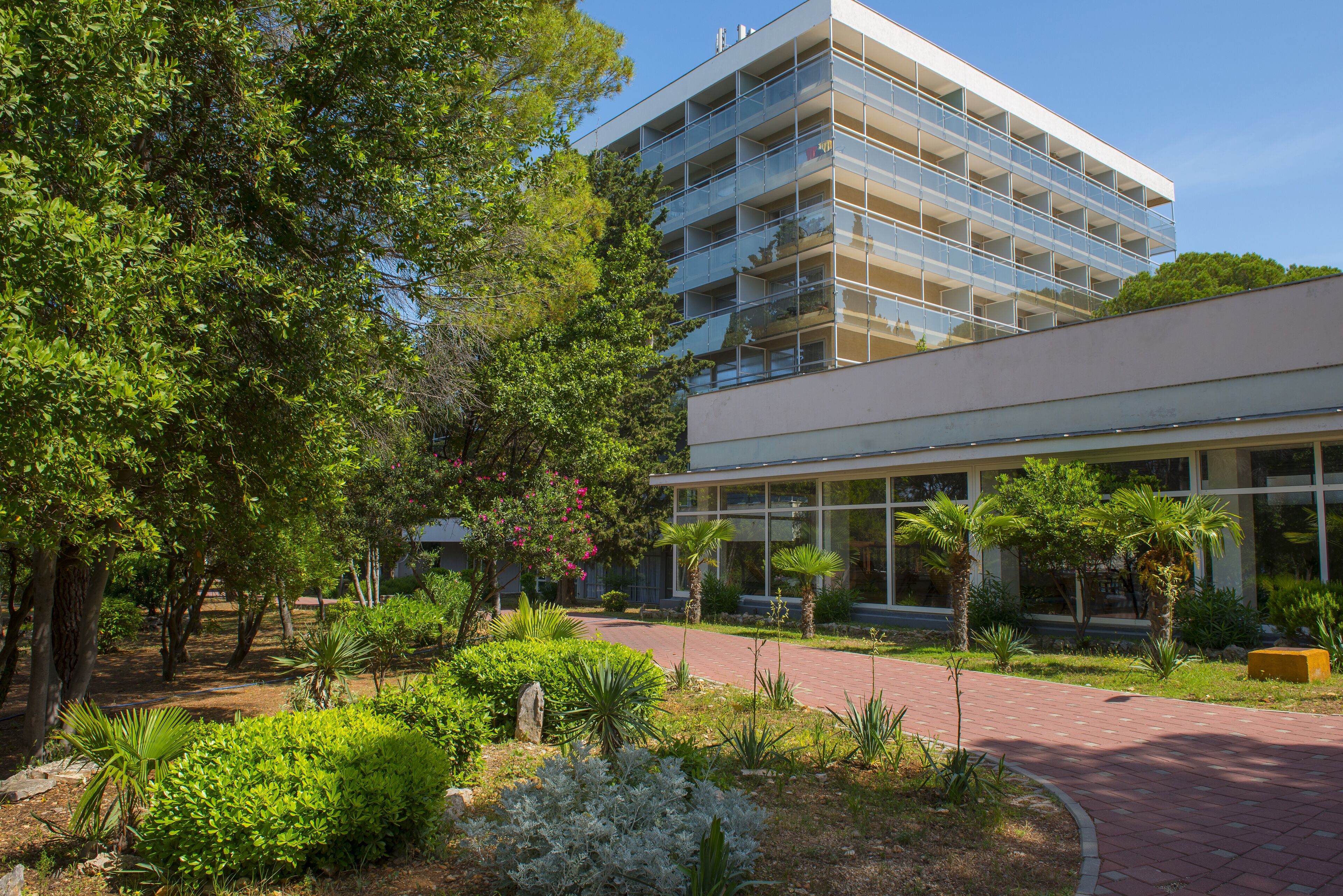 A modern building with a glass facade, surrounded by lush greenery and a paved walkway.