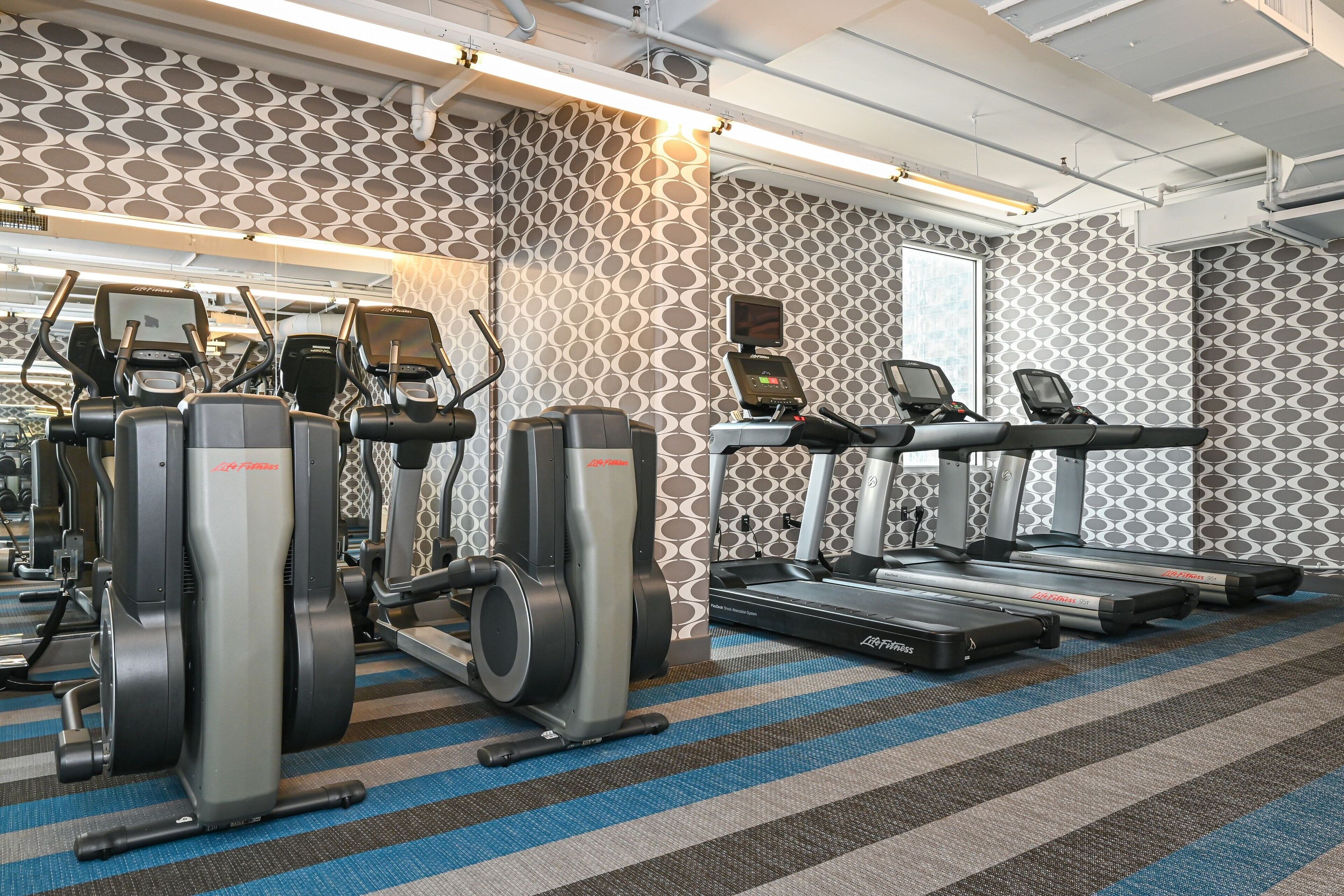 A gym with treadmills, elliptical machines, and weight machines.