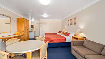 1 bedroom, desk, blackout curtains, iron/ironing board
