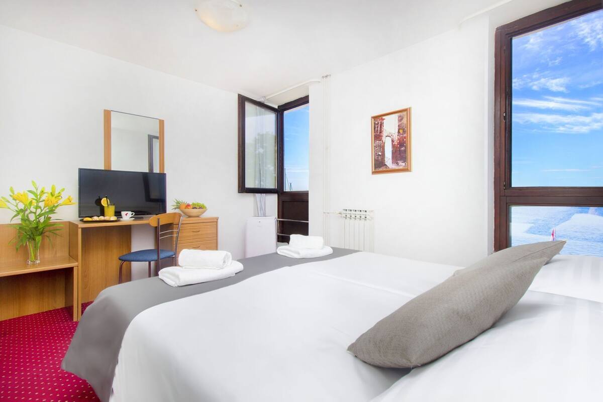 A hotel room with a bed, a desk with a TV, a chair, a small table with a bowl of fruit, a radiator, and a window with a view.