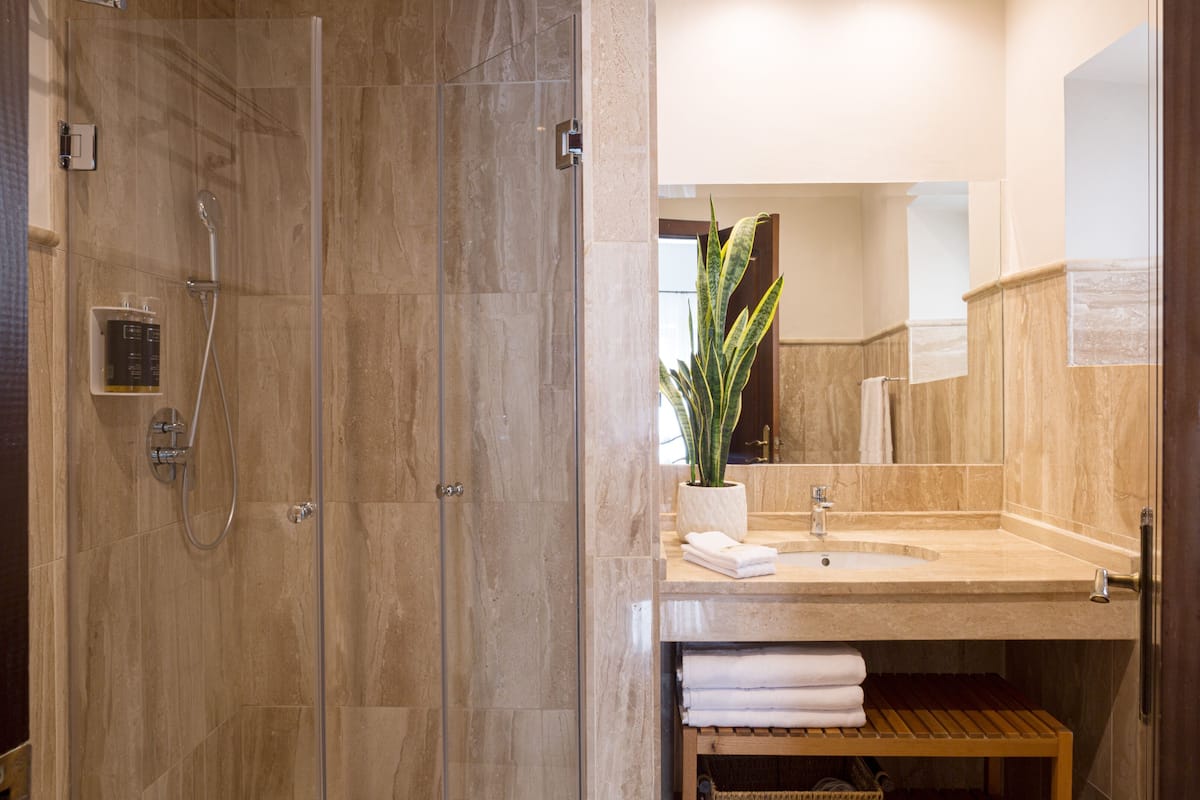 standard room | bathroom | shower, rainfall showerhead, free toiletries, hair dryer