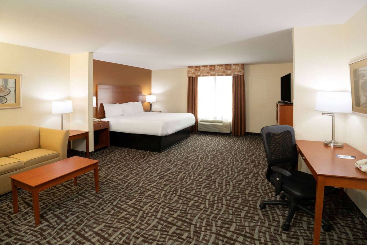 Una habitación de hotel con cama, escritorio, sillón, sofá y mesita de noche.