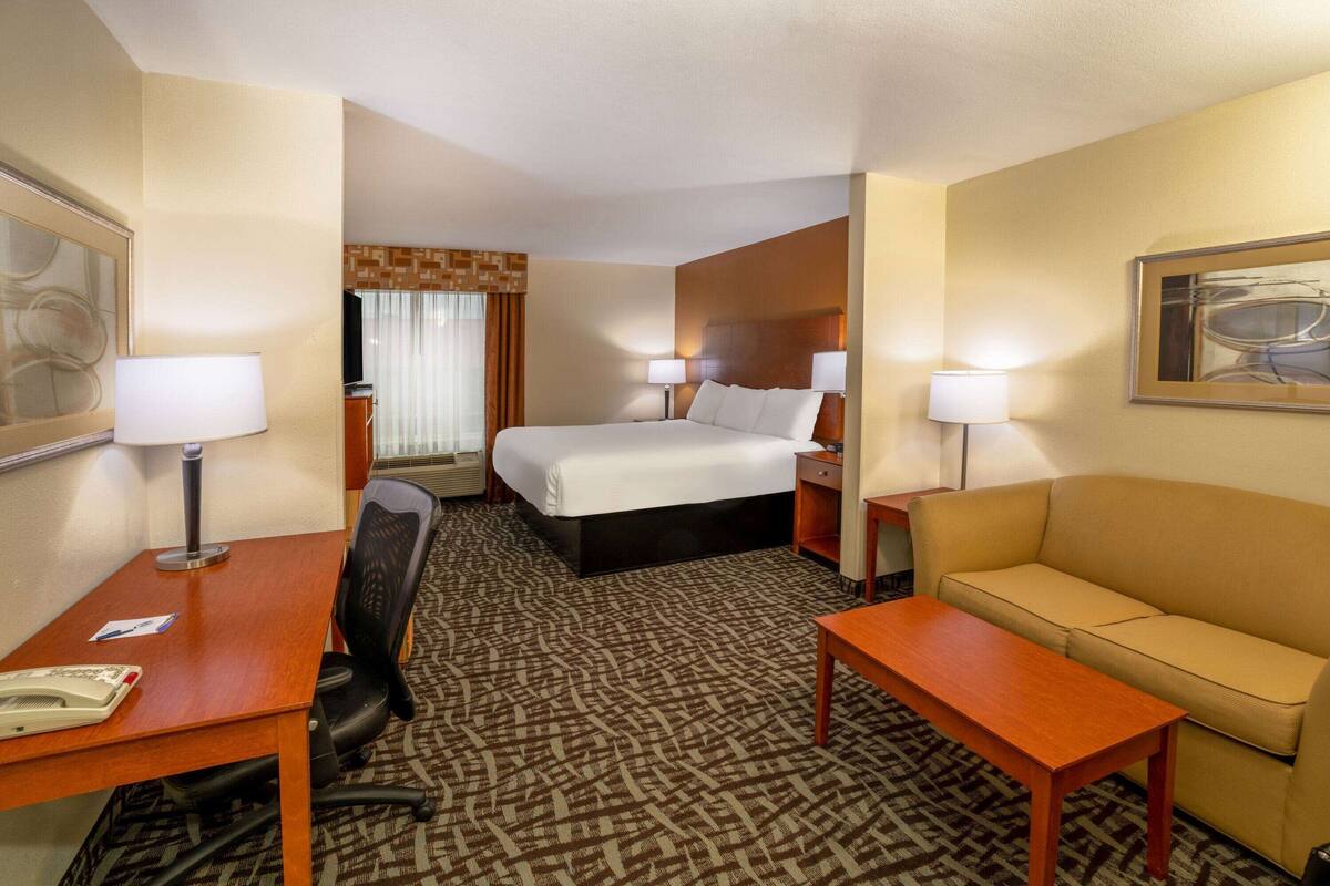 Una habitación de hotel con una cama, un escritorio, una silla, un sofá y dos lámparas.