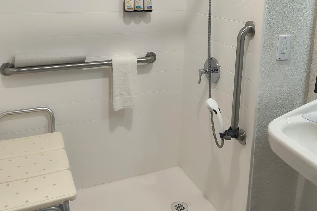 Combined shower/bathtub, free toiletries, hair dryer, towels