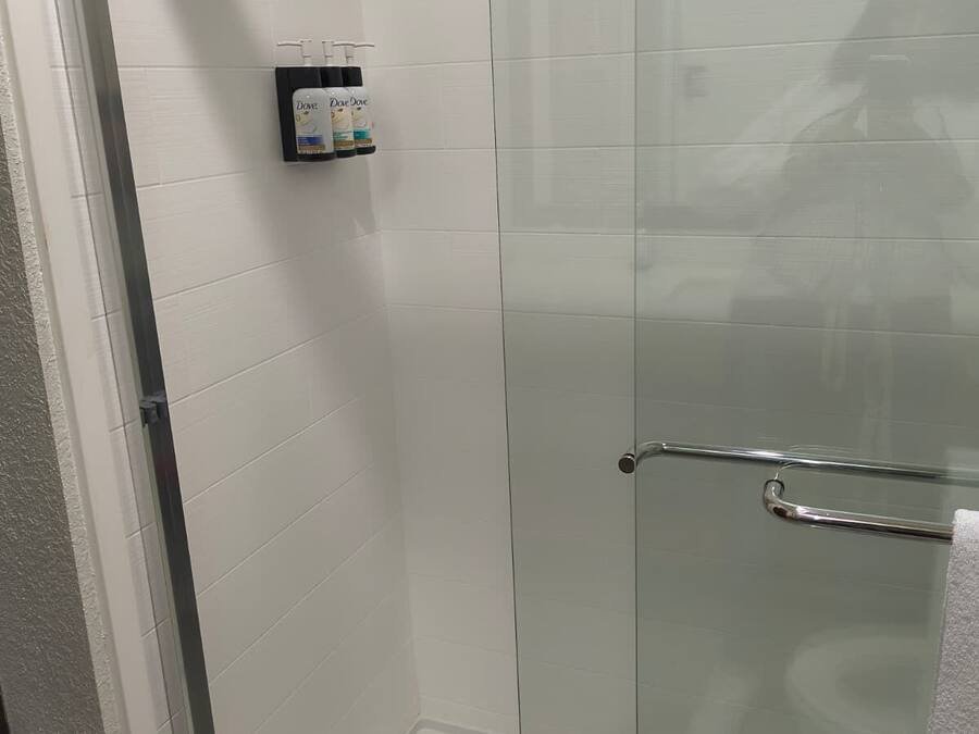 Ducha con cerramiento de vidrio, barra de apoyo y dispensador de jabón Dove en la pared.