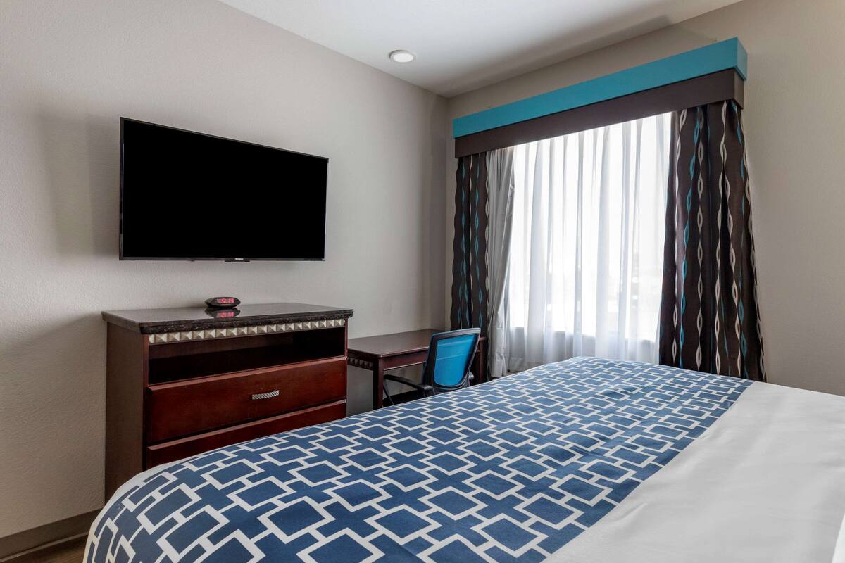 A hotel room with a bed, a desk, a chair, a TV mounted on the wall, and a window with curtains.