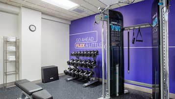 A gym with a purple wall, a bench, dumbbells, and a squat rack.