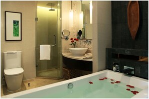 Combined shower/bathtub, rainfall showerhead, hair dryer, bathrobes