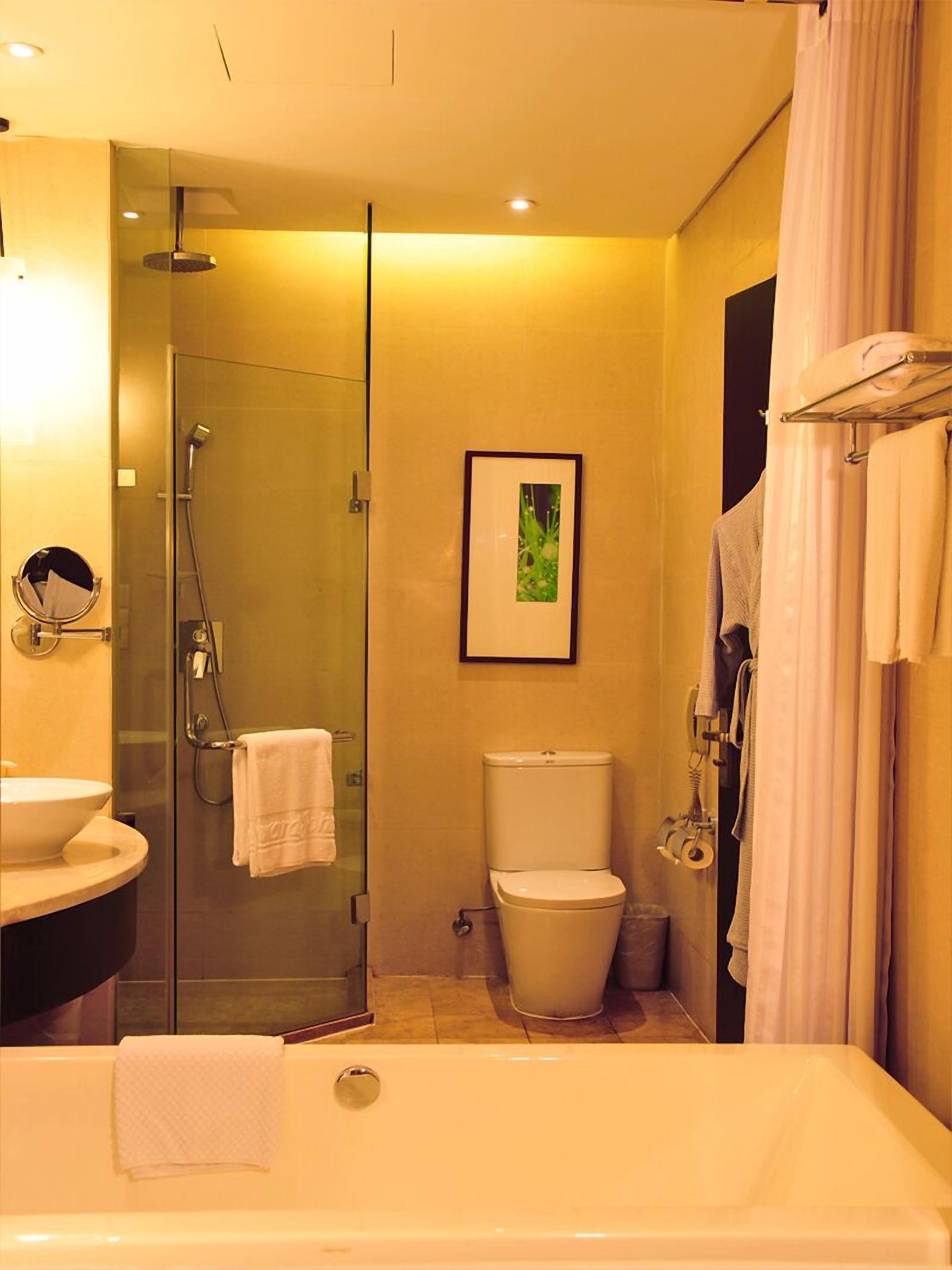 combined shower/bathtub, rainfall showerhead, hair dryer, bathrobes