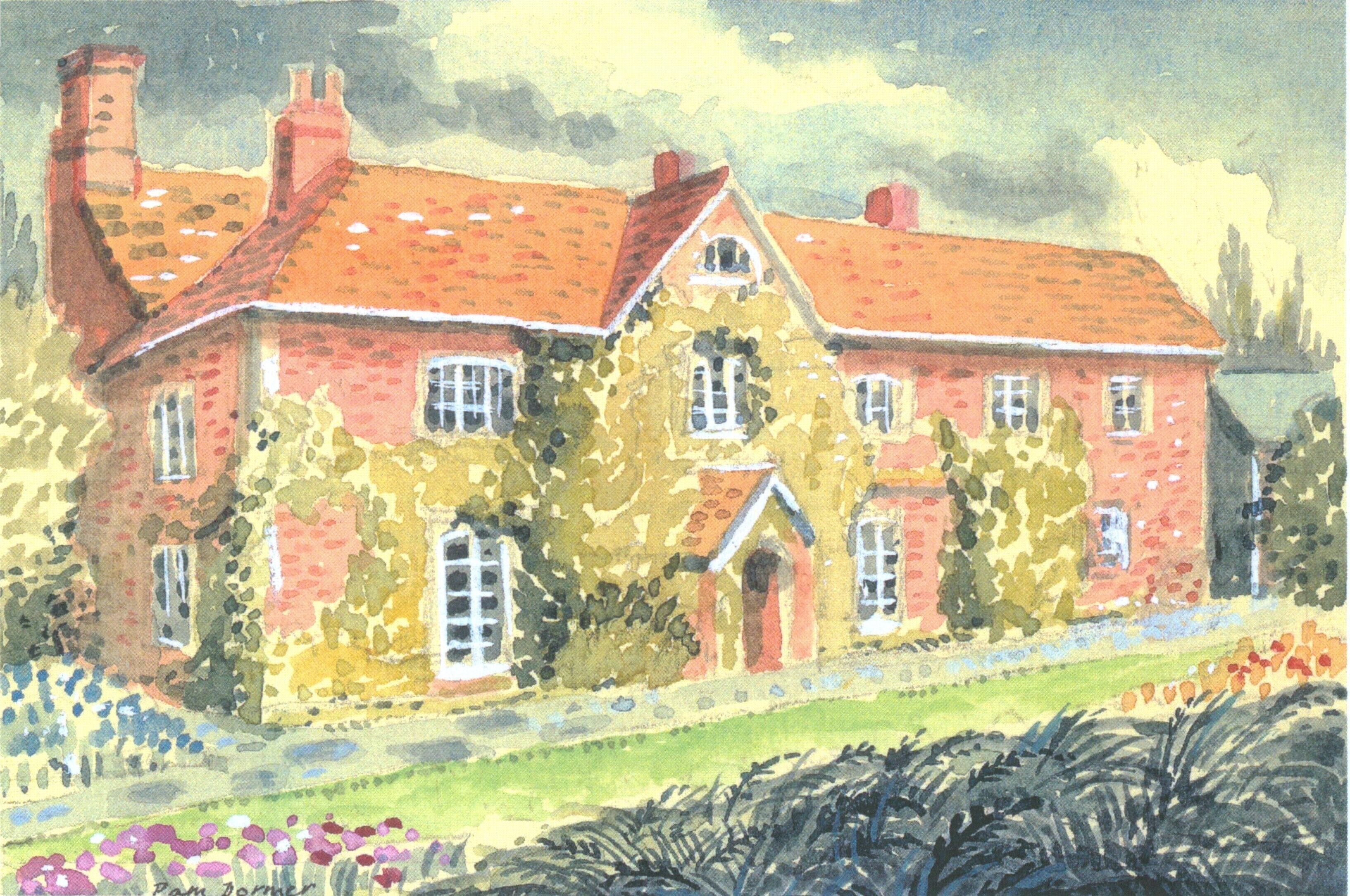 A watercolor painting of a house with a red roof and ivy-covered walls.