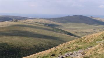 A panoramic view of rolling hills with a clear sky.