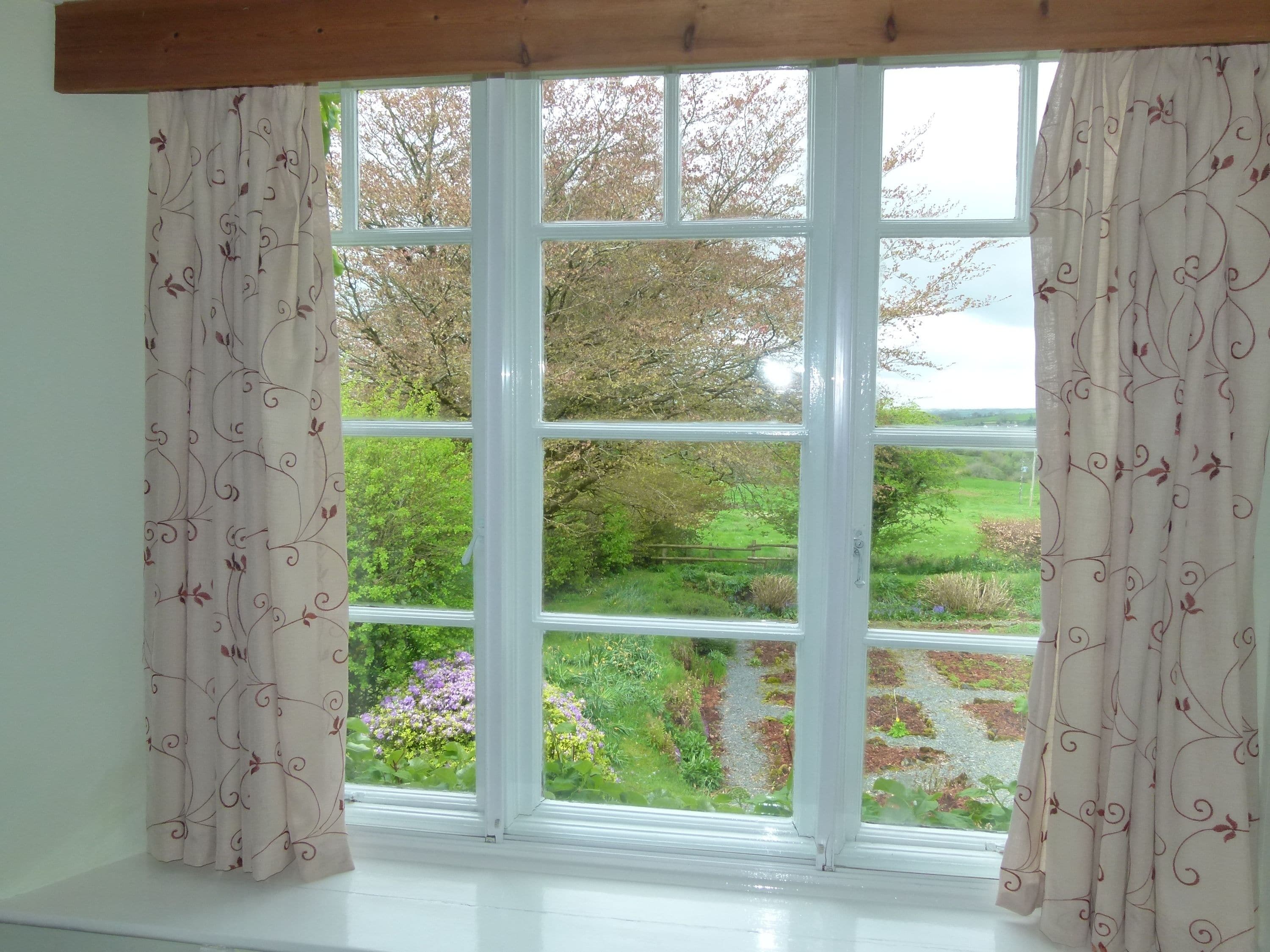 A window with a view of a garden and trees.