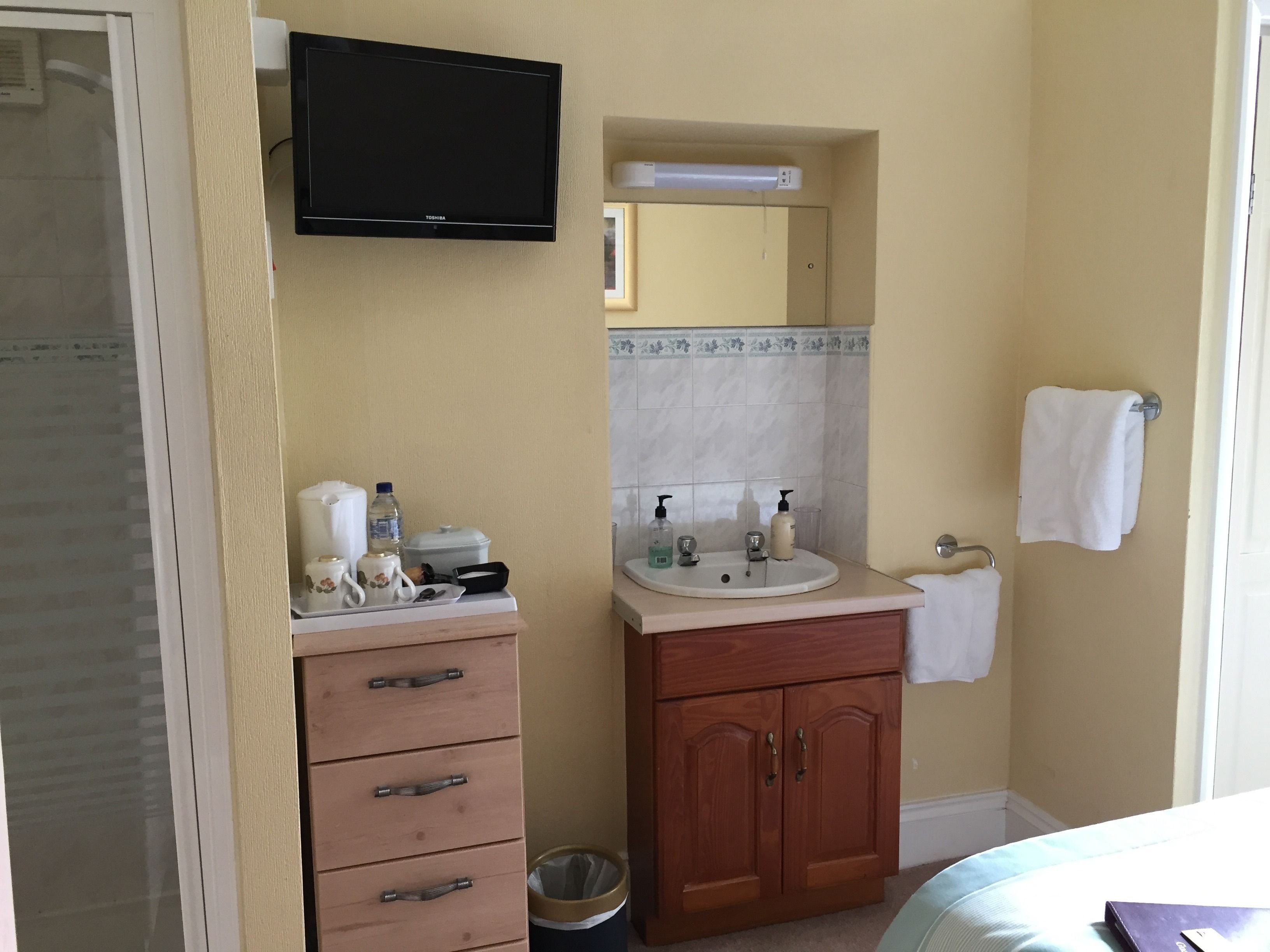 Une salle de bain équipée d’un téléviseur à écran plat fixé au-dessus du lavabo, d’un meuble en bois avec des tiroirs, d’une poubelle et d’une serviette accrochée au mur.