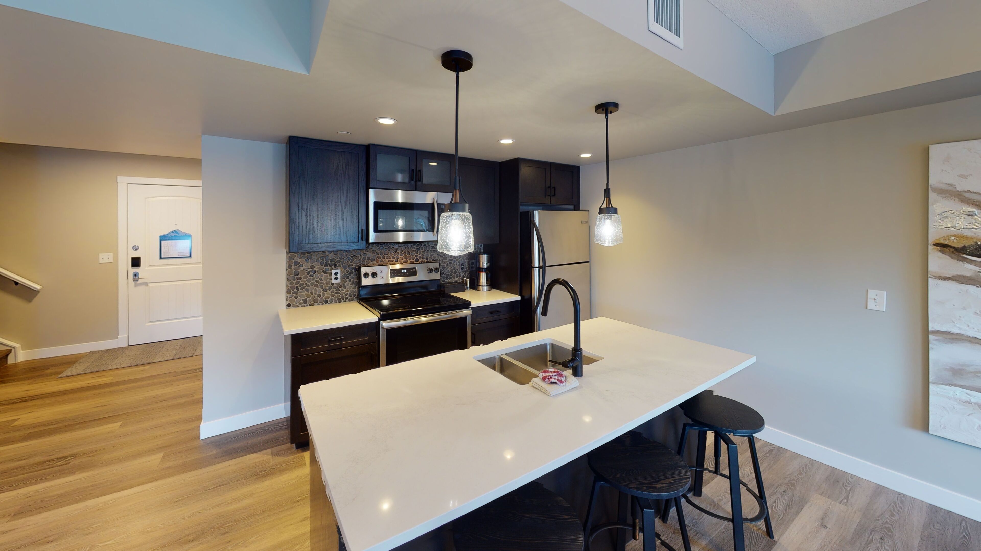 cp # 4208 two bedroom + den, two story | private kitchen | fridge, microwave, oven, stovetop