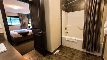 Combined shower/tub, deep soaking tub, free toiletries, hair dryer