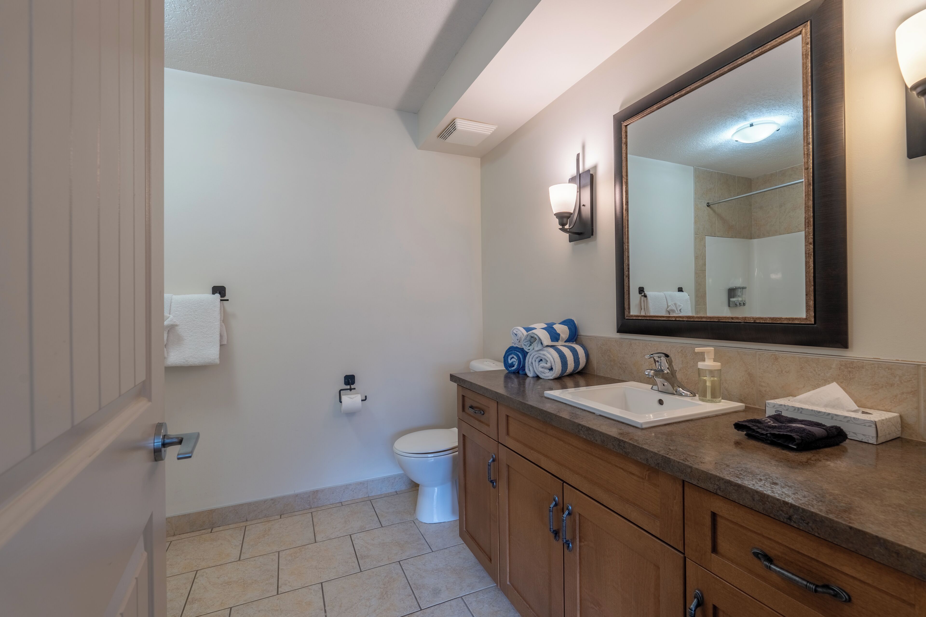 A bathroom with a white toilet, a sink with a mirror above it, and wooden cabinets.