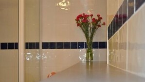 A bathroom with a white countertop, a vase with red flowers, and a tiled wall with a blue stripe. - Grand Hastings (St Leonards-On-Sea)