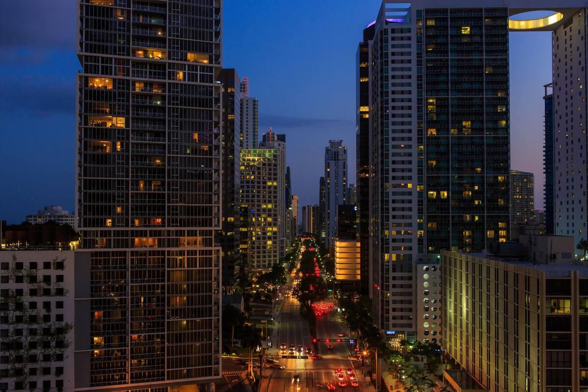 A cityscape with tall buildings, a tree-lined street, and a traffic light.